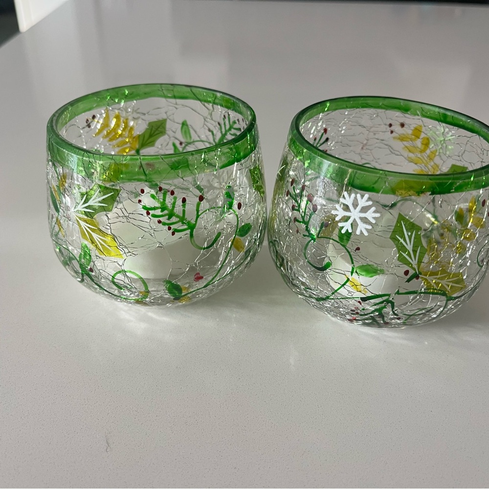 Vintage EUC Festive Green and Clear Glass Candle Holders